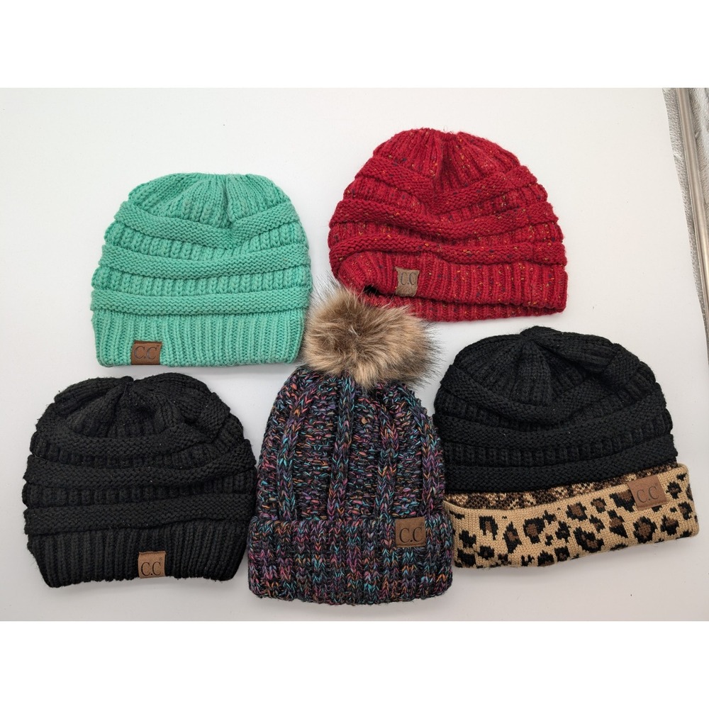 CC Beanie Lot of 5 Knit Hats Ponytail Beanie Faux Fur Pom Leopard Confetti Mixed